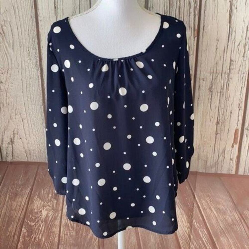 Le Lis Blouse Top Womens Small Navy White Polka dot Shirt Career Office Coastal